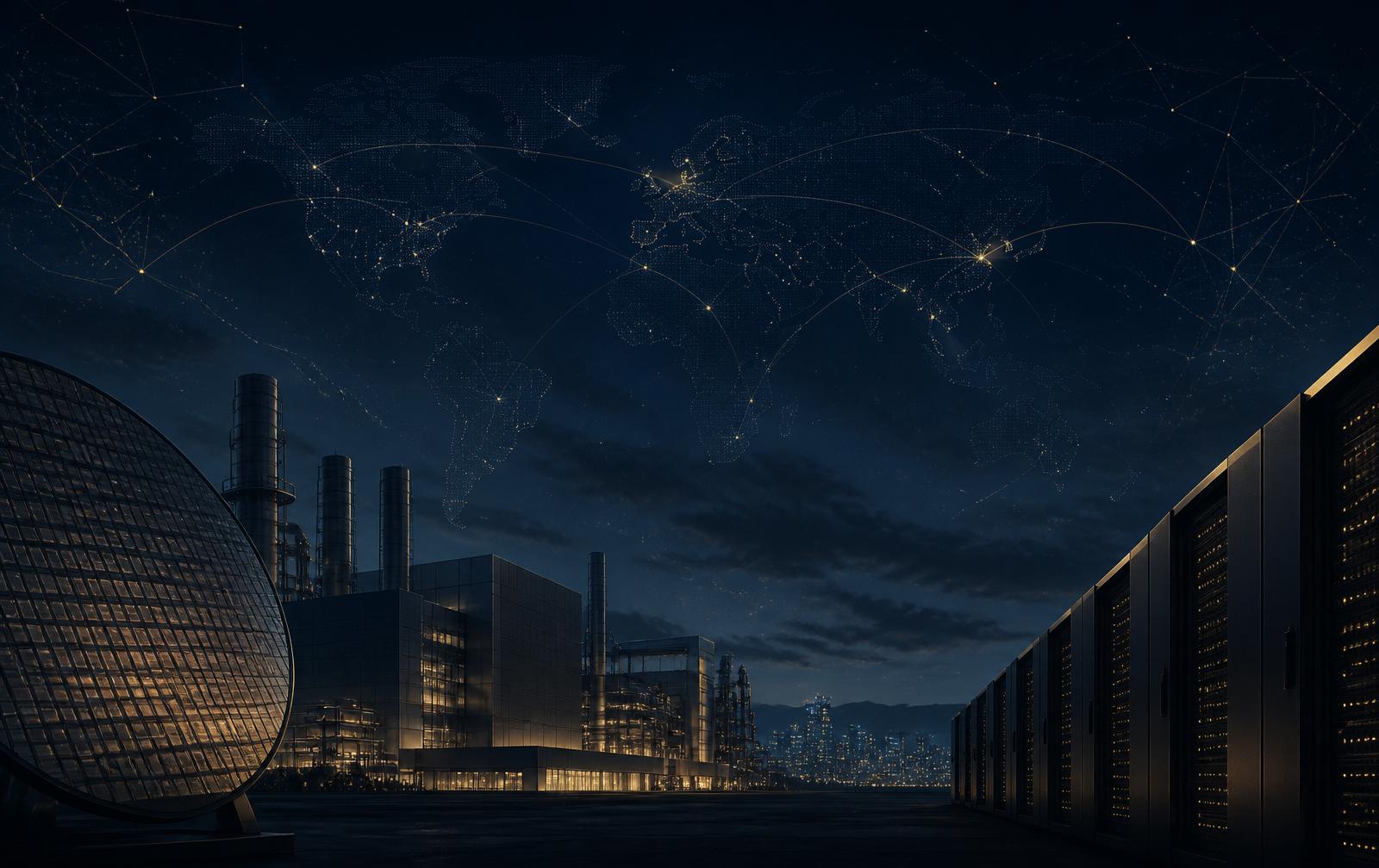 Instalaciones de semiconductores y centros de datos con rutas globales de suministro trazadas sobre el cielo nocturno.