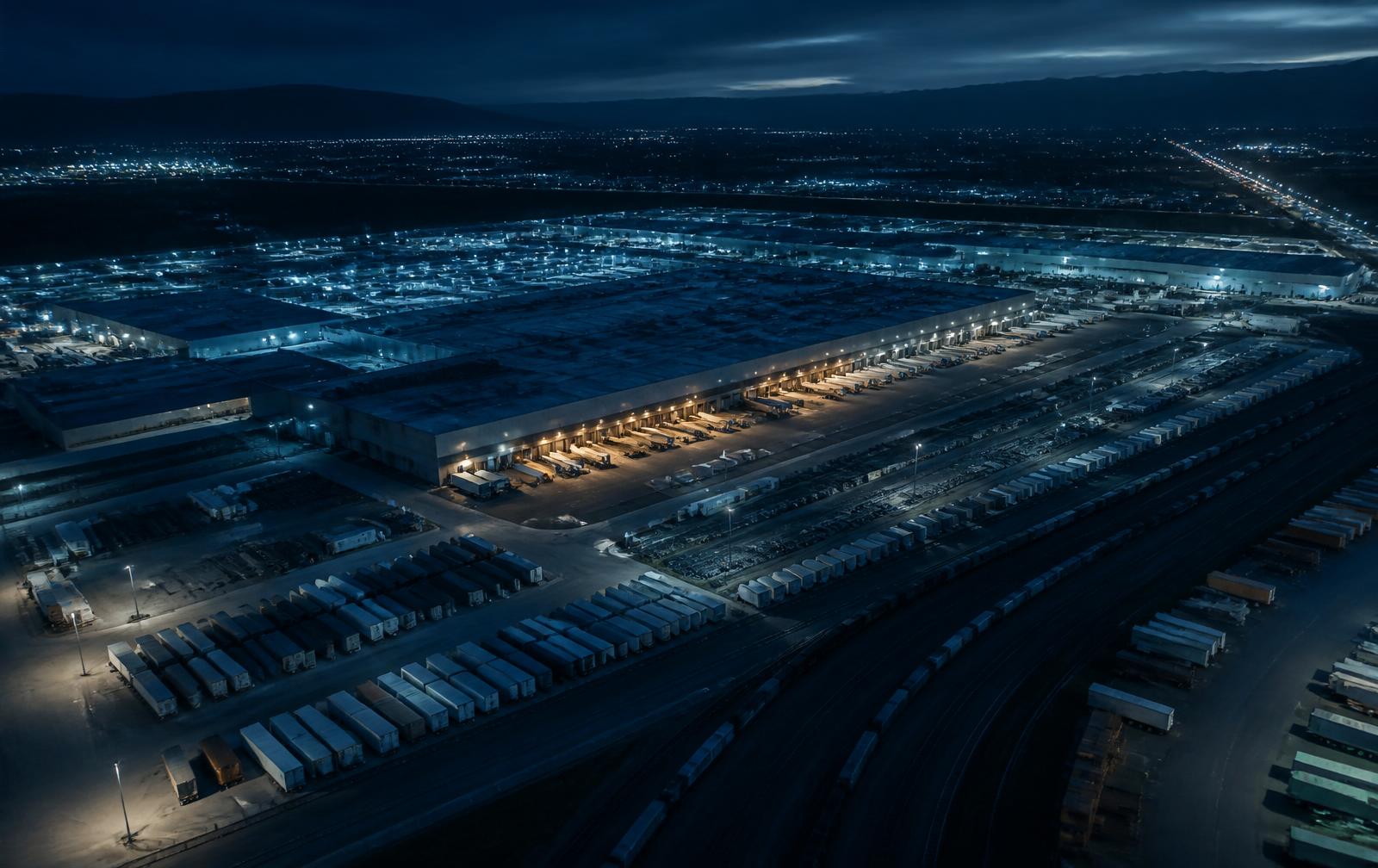 Vista aérea nocturna de un centro logístico y automotriz en el norte de México con hileras de tráileres.
