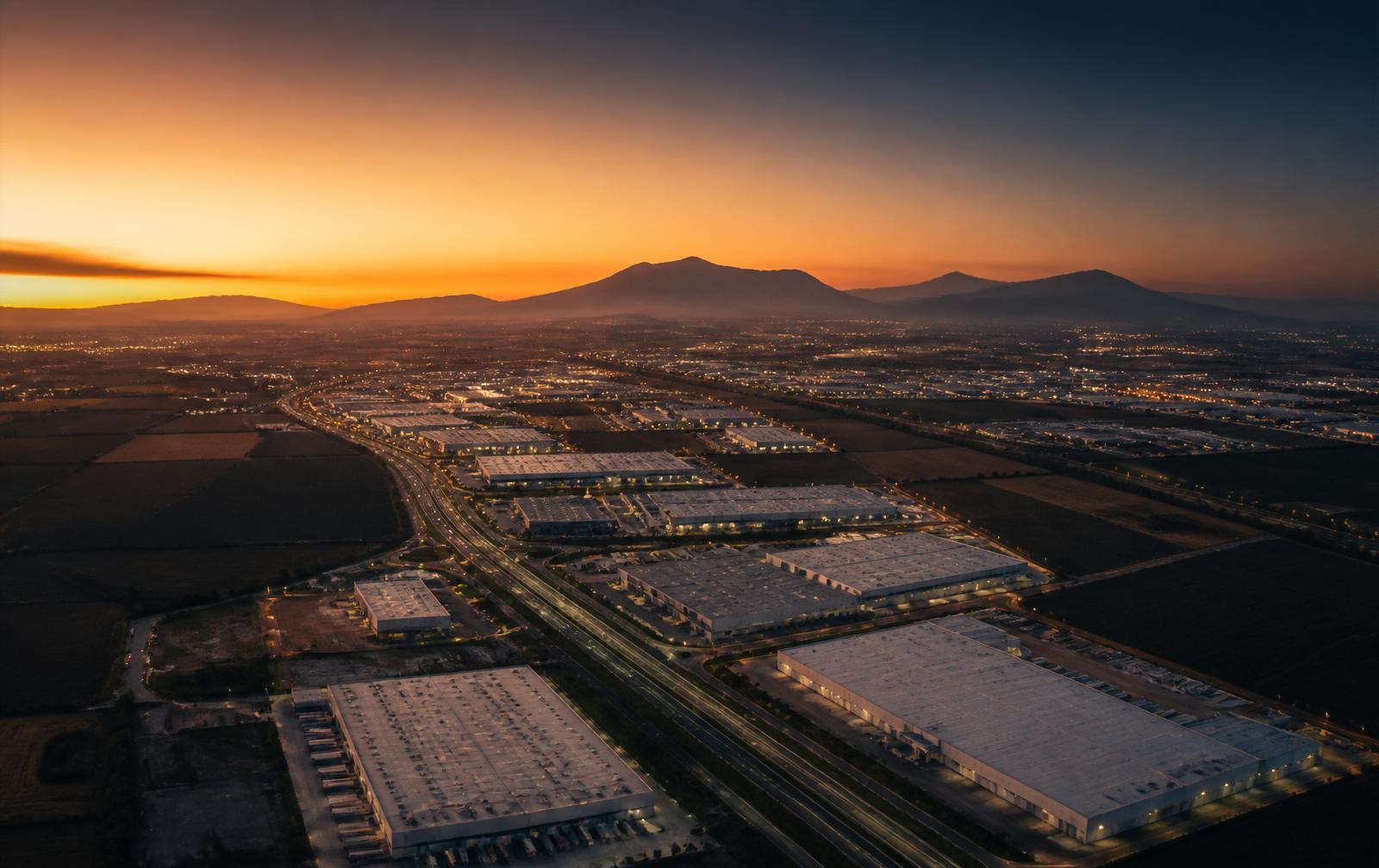 Vista aérea del corredor industrial del Bajío al atardecer, con parques industriales entre campos agrícolas y montañas.