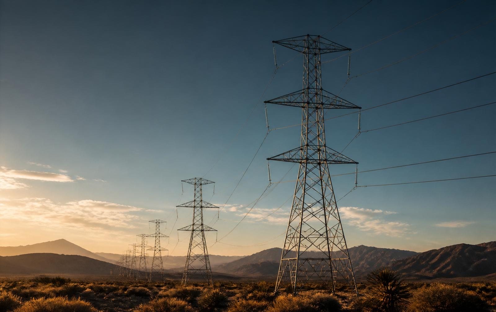 Líneas de transmisión de alta tensión atravesando el paisaje árido del norte de México al atardecer.