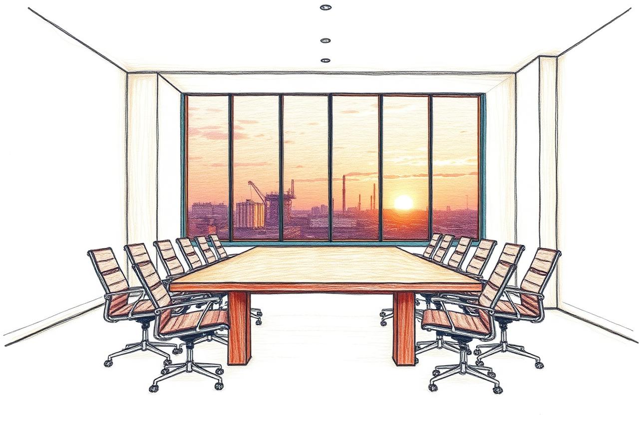 Ilustración a lápices: sala de consejo corporativo minimalista frente a un ventanal con vista al corredor industrial del Bajío al atardecer.