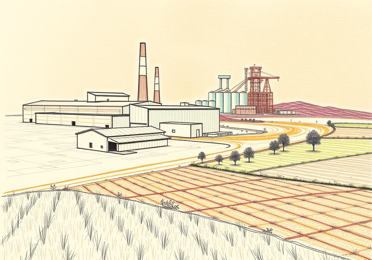 Ilustración a lápices de colores: planos arquitectónicos y naves industriales entrelazados con campos agrícolas tecnificados del Bajío.