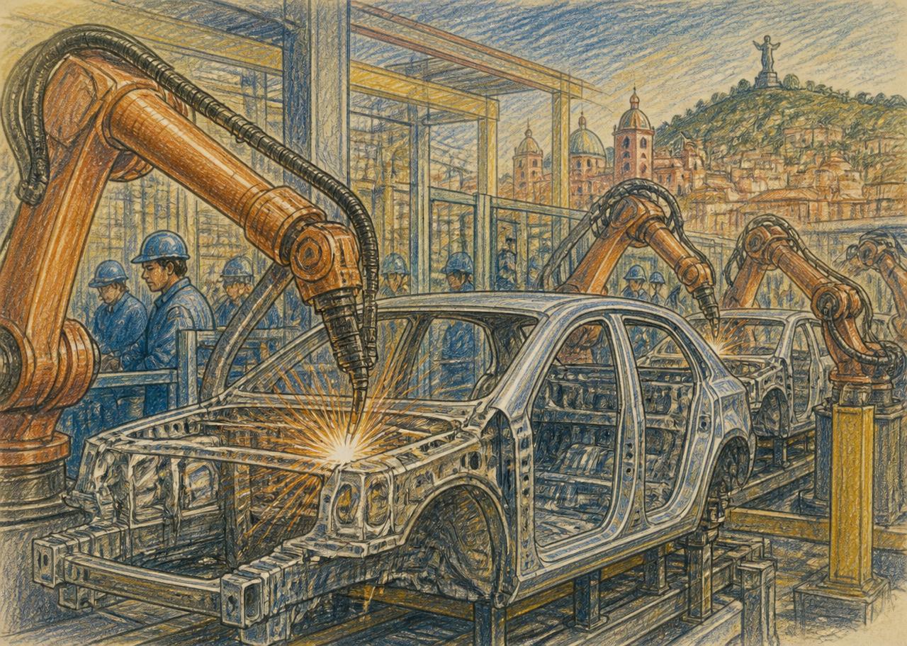 Ilustración a lápices de colores de una línea de ensamblaje automotriz en Guanajuato, con brazos robóticos soldando chasis.